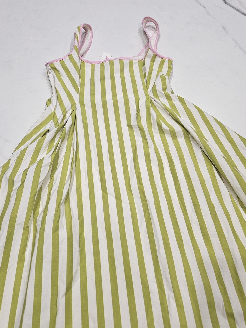Maeve Green and White Striped Midi Dress with Pink Trim